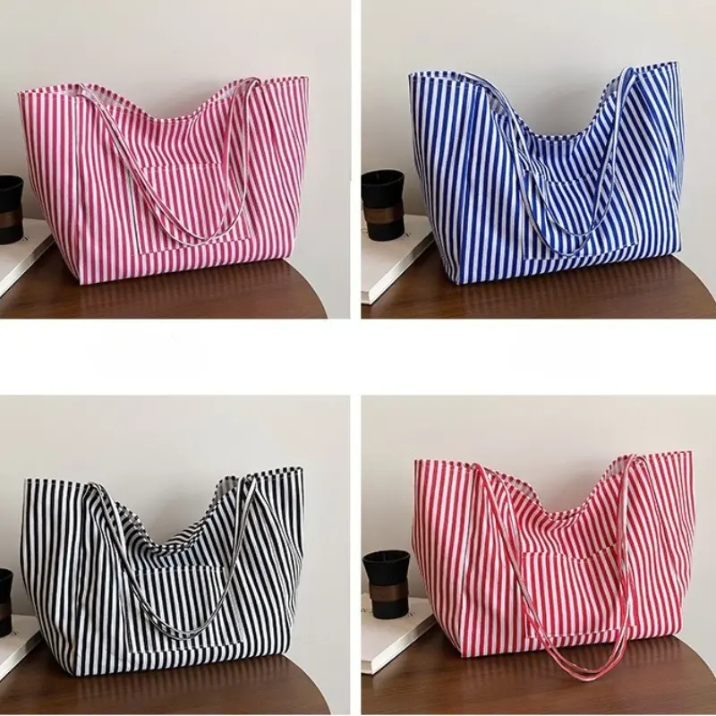 Casual Striped Design Women Nylon Shoulder Bags Versatile Large Capacity Ladies Armpit Handbag Contrast Color Girl Shopping Tote
