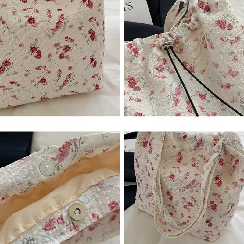 Casual Floral Drawstring Nylon Shoulder Bags for Women Fashion Large Capacity Ladies Crossbody Bag Commuter Girls Handbags Tote