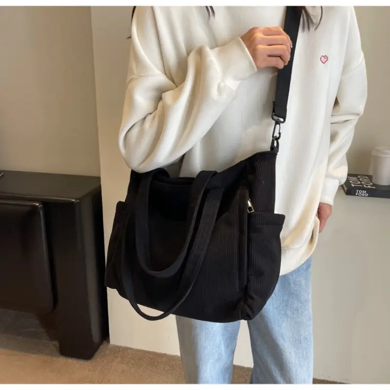 Simple Corduroy Tote Crossbody Bag for Women Commuter Large Capacity Ladies Shoulder Bags College Girls Female Travel Handbags