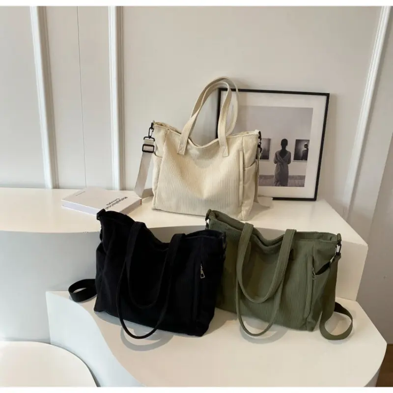 Simple Corduroy Tote Crossbody Bag for Women Commuter Large Capacity Ladies Shoulder Bags College Girls Female Travel Handbags