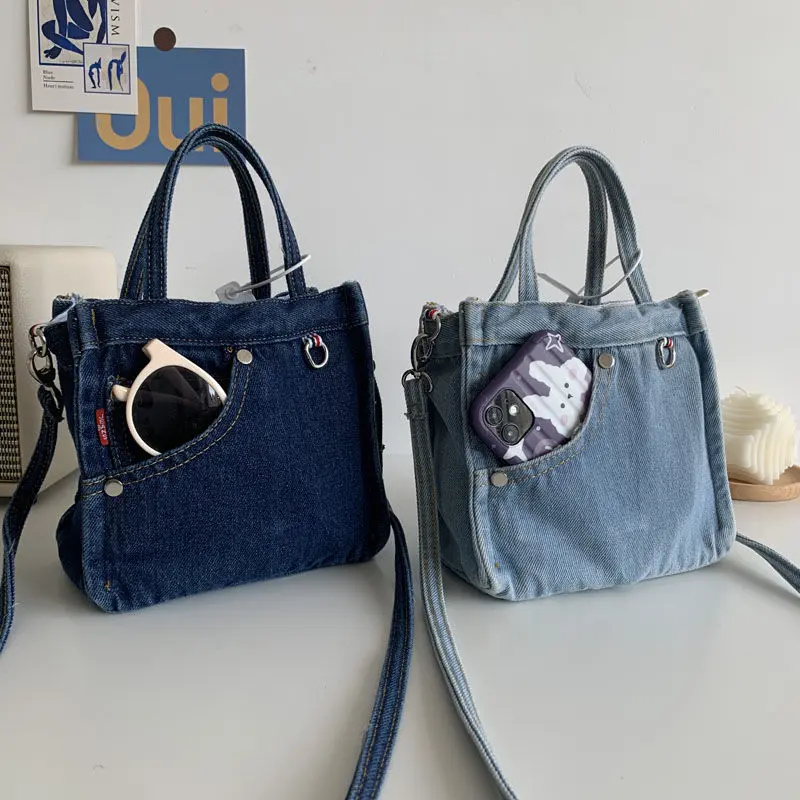 Simple Design Women's Denim Shoulder Messenger Bag Solid Color Ladies Handbags with Pocket Vintage Female Girls Small Tote Bags