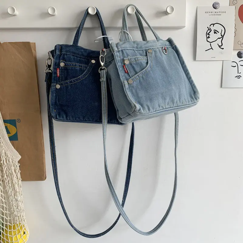 Simple Design Women's Denim Shoulder Messenger Bag Solid Color Ladies Handbags with Pocket Vintage Female Girls Small Tote Bags