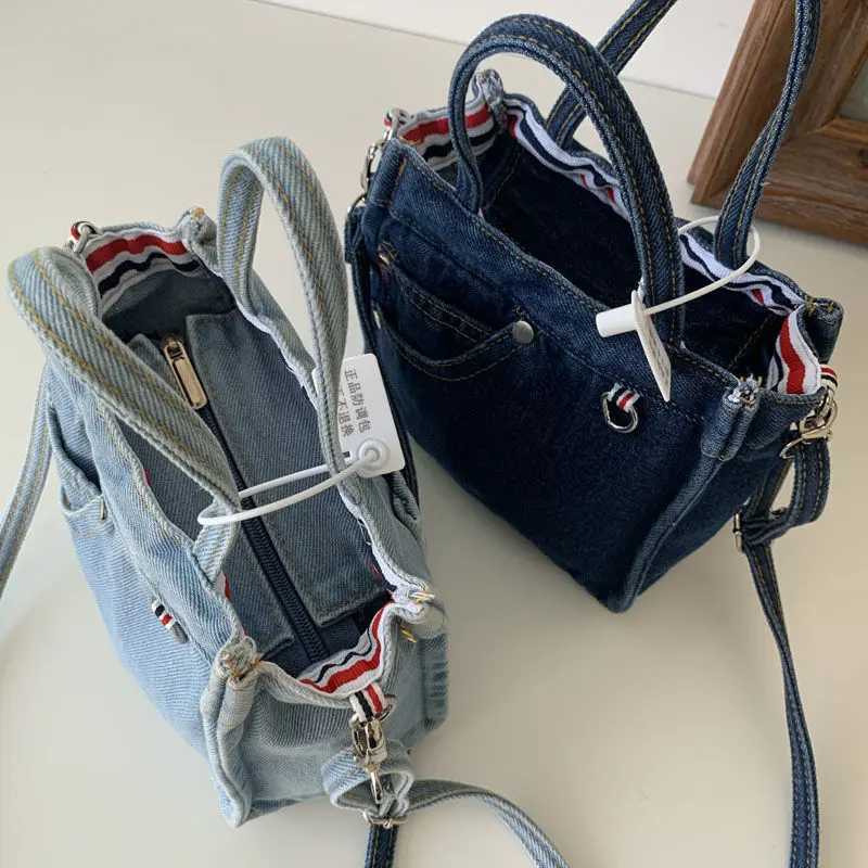 Simple Design Women's Denim Shoulder Messenger Bag Solid Color Ladies Handbags with Pocket Vintage Female Girls Small Tote Bags