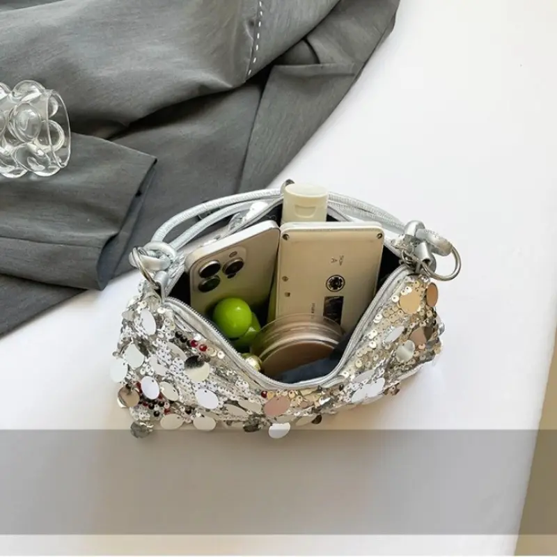 Retro Sequined Design Women's Shoulder Bags Solid Color Cool Hot Girls Phone Underarm Bag Simple Portable Ladies Handbags Purse