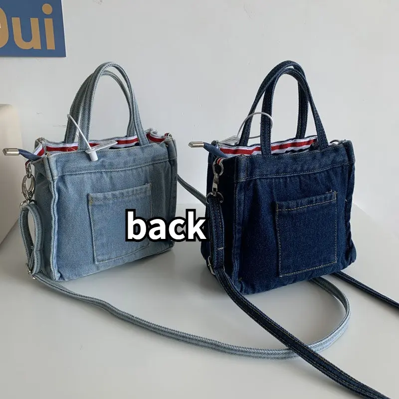 Simple Design Women's Denim Shoulder Messenger Bag Solid Color Ladies Handbags with Pocket Vintage Female Girls Small Tote Bags