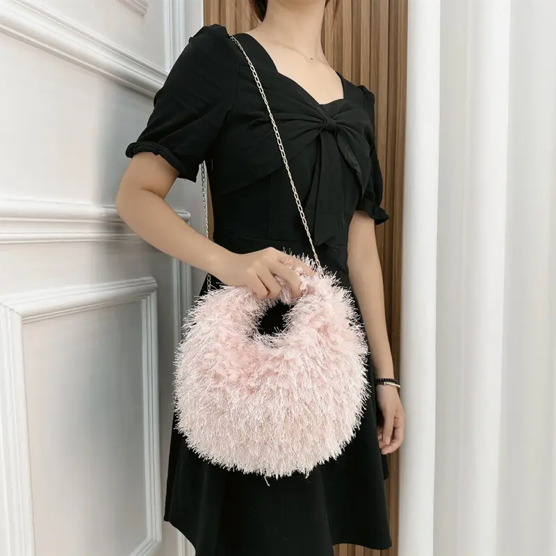 Simple Solid Color Plush Women's Shoulder Bag Fashion Chain Fake Fur Ladies Crossbody Bags Sweet Casual Female Handbags Purse