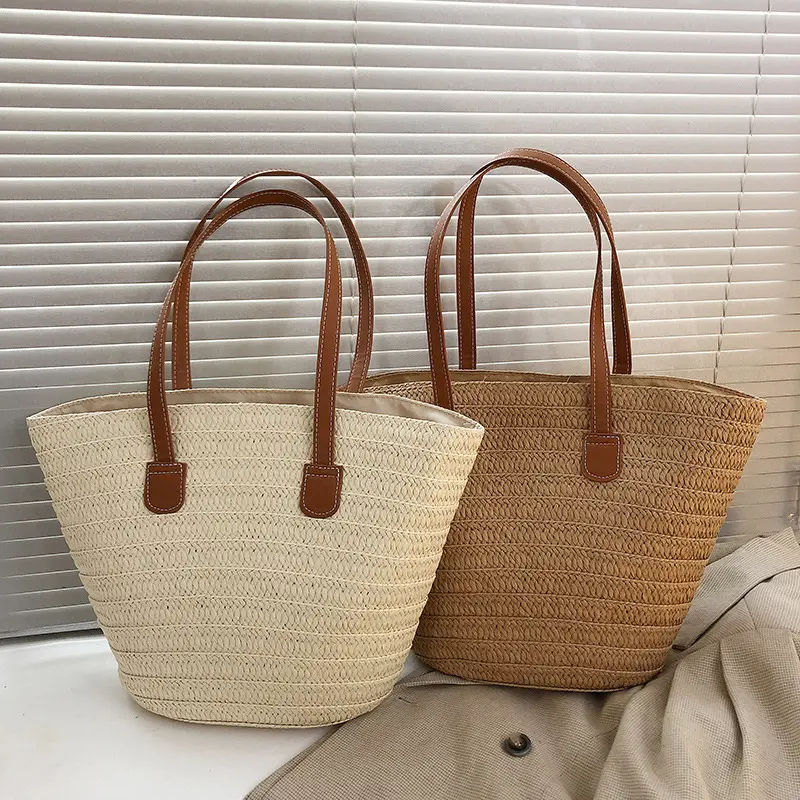Fashion Casual Straw Woven Women's Bucket Bags Commuter Versatile Ladies Shoulder Bags Travel Beach Ladies Pu Handle Tote