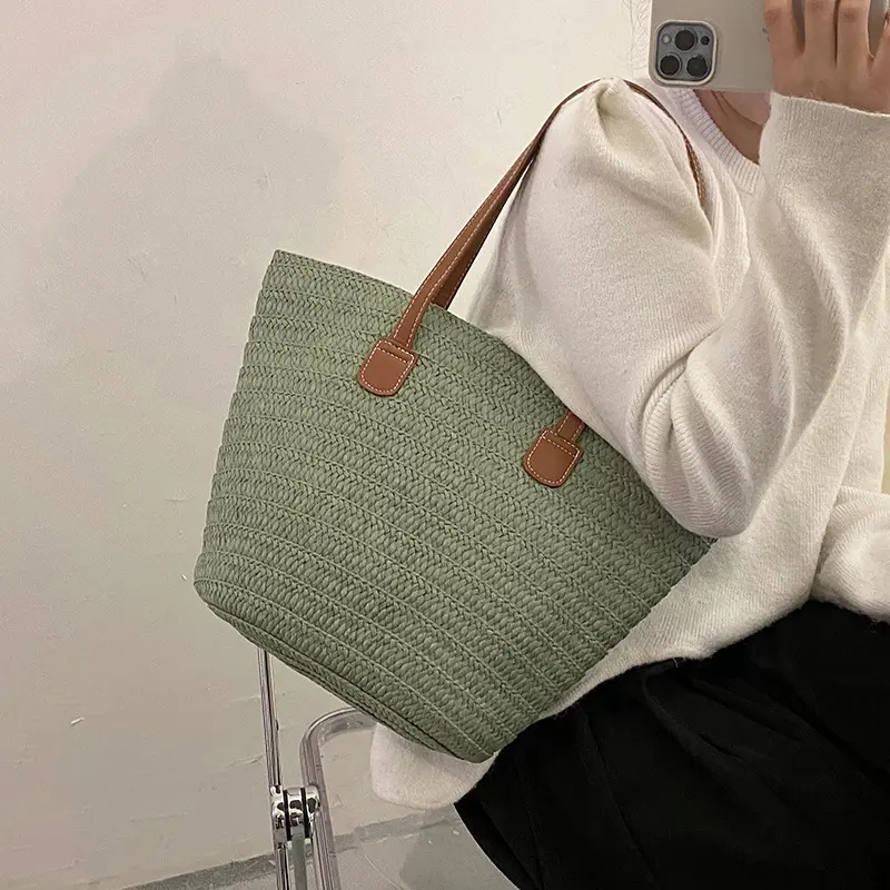 Fashion Casual Straw Woven Women's Bucket Bags Commuter Versatile Ladies Shoulder Bags Travel Beach Ladies Pu Handle Tote