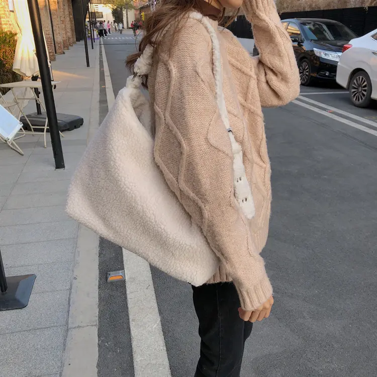 Solid Color Soft Fluffy Plush Women Messenger Bags Winter Lamb Faux Fur Ladies Shoulder Bag Large Capacity Female Casual Tote