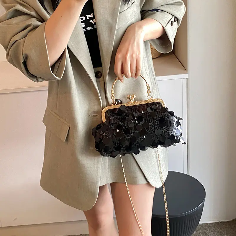 Retro Sequined Women's Evening Party Shoulder Bags Casual Portable Ladies Handbags Purse Fashion Girl Chain Crossbody Bag Clutch