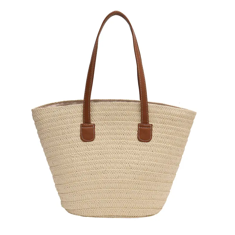 Fashion Casual Straw Woven Women's Bucket Bags Commuter Versatile Ladies Shoulder Bags Travel Beach Ladies Pu Handle Tote