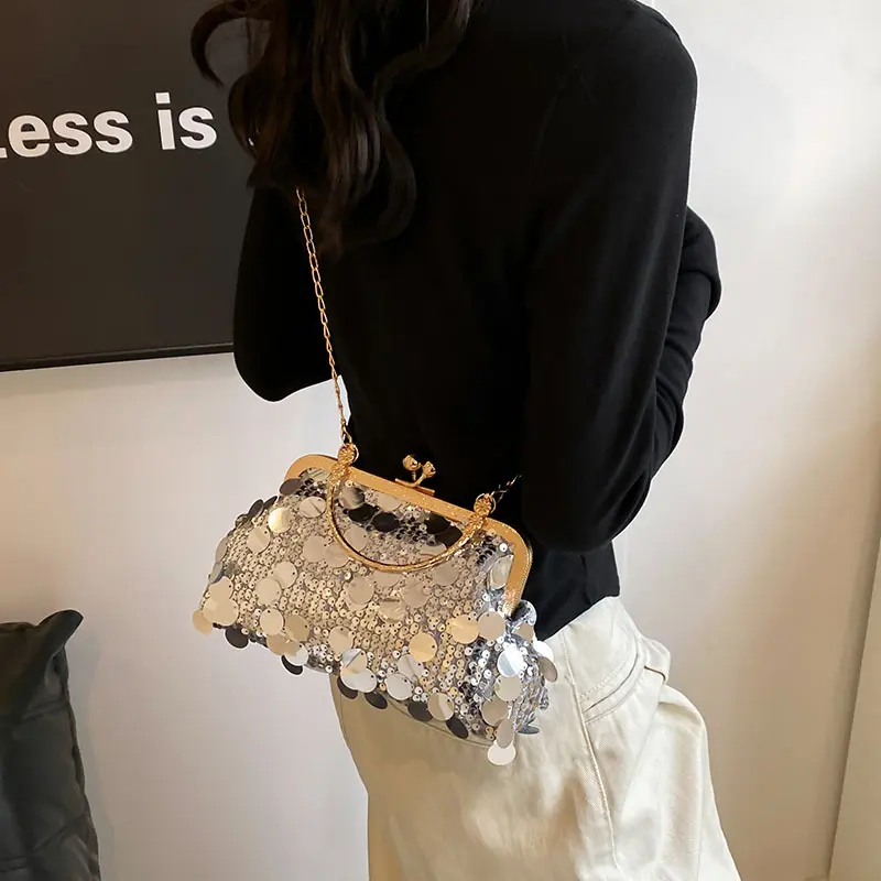 Retro Sequined Women's Evening Party Shoulder Bags Casual Portable Ladies Handbags Purse Fashion Girl Chain Crossbody Bag Clutch