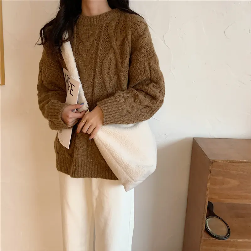Solid Color Soft Fluffy Plush Women Messenger Bags Winter Lamb Faux Fur Ladies Shoulder Bag Large Capacity Female Casual Tote