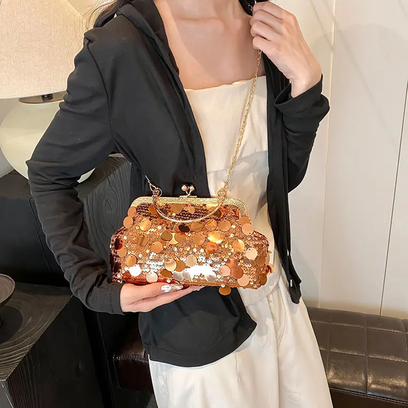 Retro Sequined Women's Evening Party Shoulder Bags Casual Portable Ladies Handbags Purse Fashion Girl Chain Crossbody Bag Clutch