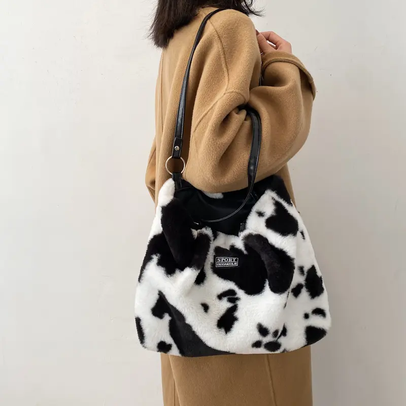 Leopard Pattern Plush Shoulder Bag for Women Winter Fashion Purse Handbags Big Messenger Bags Soft Warm Fur Female Casual Tote