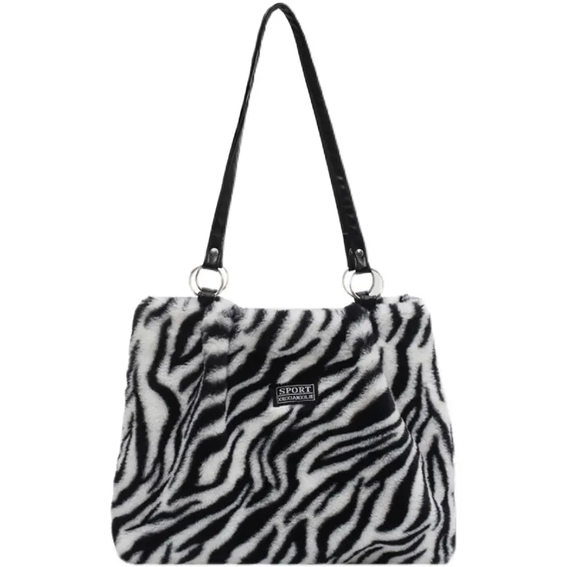 Leopard Pattern Plush Shoulder Bag for Women Winter Fashion Purse Handbags Big Messenger Bags Soft Warm Fur Female Casual Tote