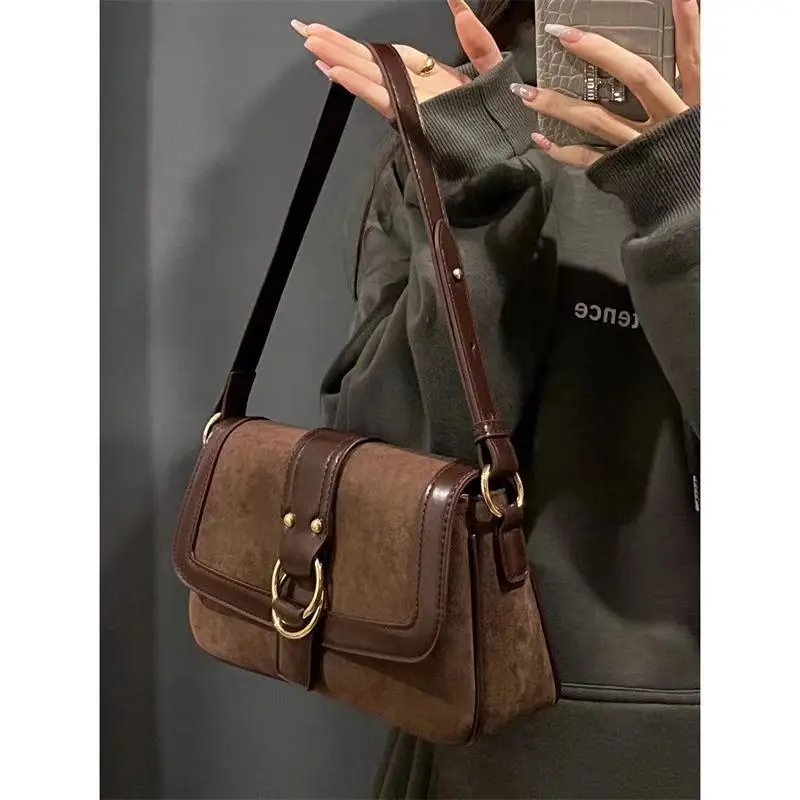 Retro Faux Suede Women's Shoulder Bag Maillard Style Ladies Underarm Bags Simple Female Crossbody Bag Clutch Purse Handbags
