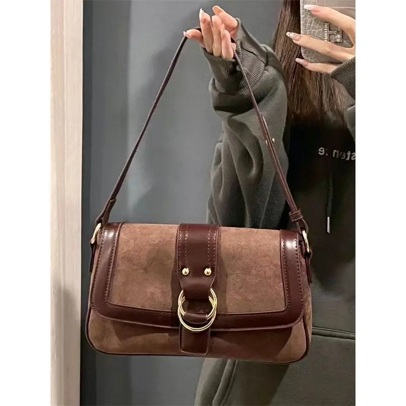 Retro Faux Suede Women's Shoulder Bag Maillard Style Ladies Underarm Bags Simple Female Crossbody Bag Clutch Purse Handbags