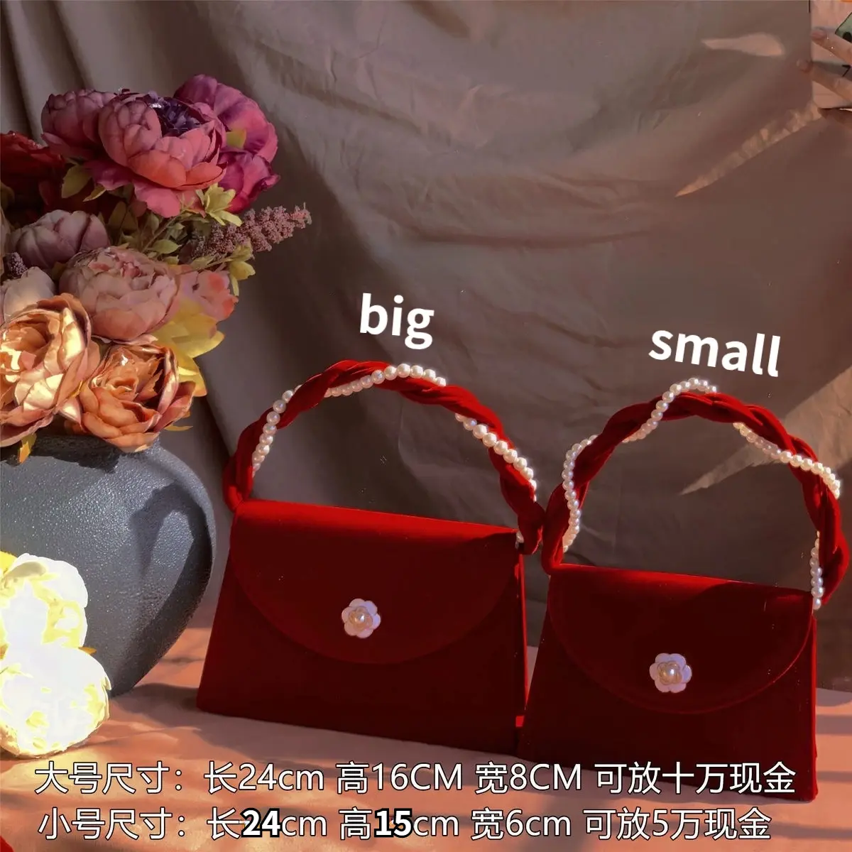 Vintage Pearl Chain Women's Small Square Shoulder Bags Ladies Red Velvet Crossbody Bag Luxury Femlae Underarm Bag Purse Handbags