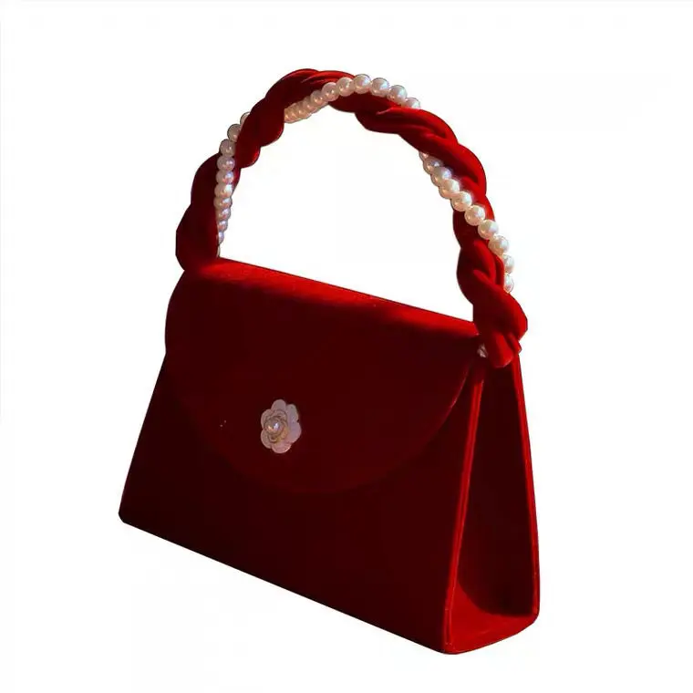 Vintage Pearl Chain Women's Small Square Shoulder Bags Ladies Red Velvet Crossbody Bag Luxury Femlae Underarm Bag Purse Handbags