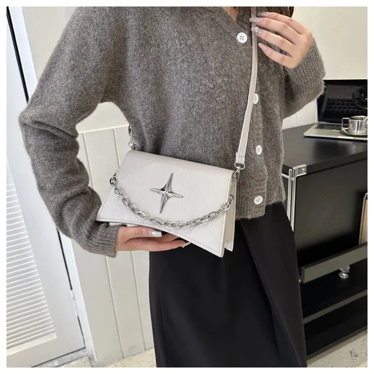 Simple Solid Color Pu Leather Women's Shoulder Bag Fashion Design Chain Ladies Purse Handbags Cool Stars Female Crossbody Bags