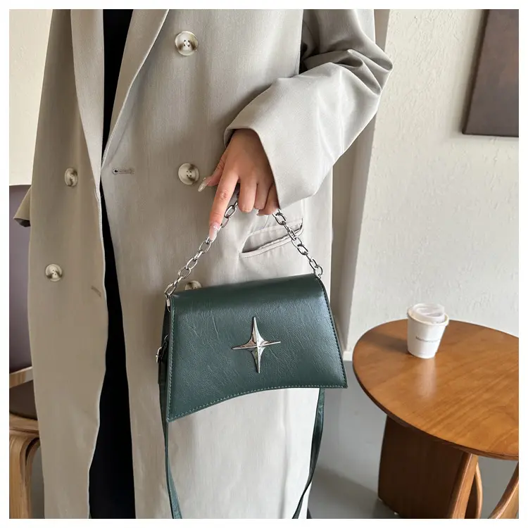 Simple Solid Color Pu Leather Women's Shoulder Bag Fashion Design Chain Ladies Purse Handbags Cool Stars Female Crossbody Bags