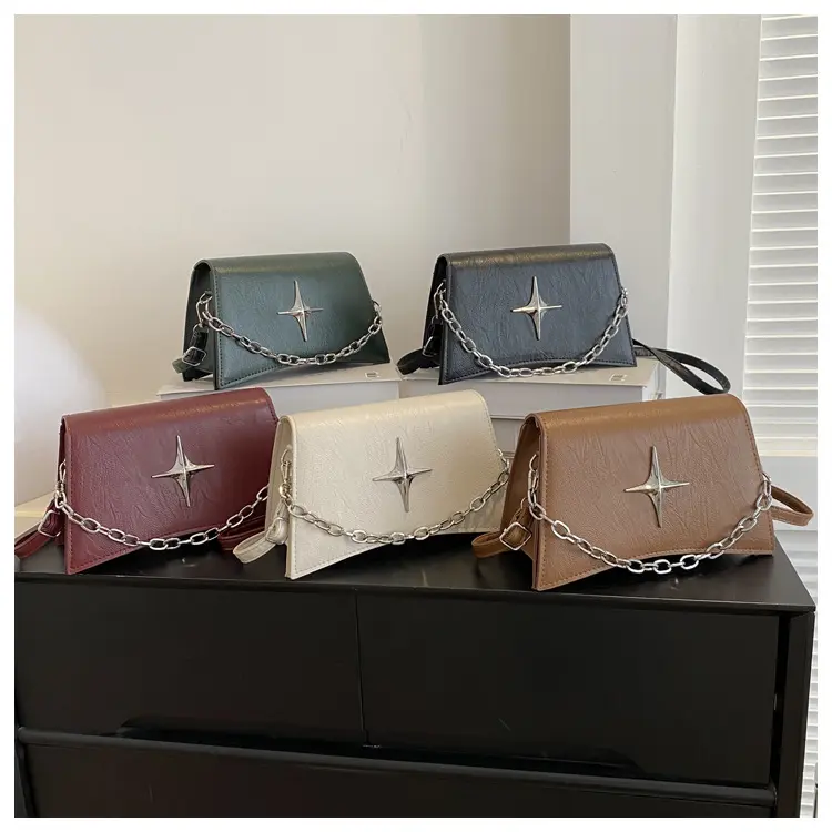 Simple Solid Color Pu Leather Women's Shoulder Bag Fashion Design Chain Ladies Purse Handbags Cool Stars Female Crossbody Bags