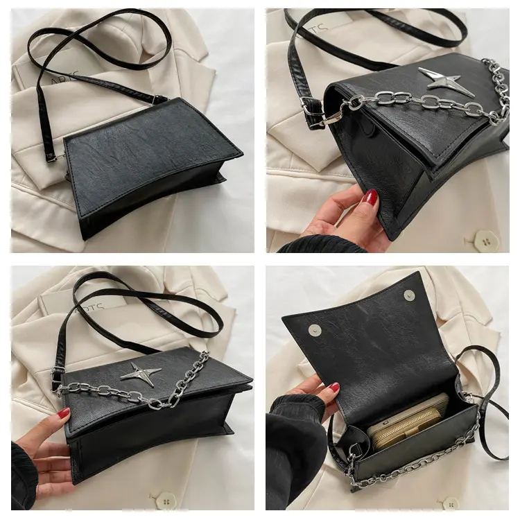 Simple Solid Color Pu Leather Women's Shoulder Bag Fashion Design Chain Ladies Purse Handbags Cool Stars Female Crossbody Bags
