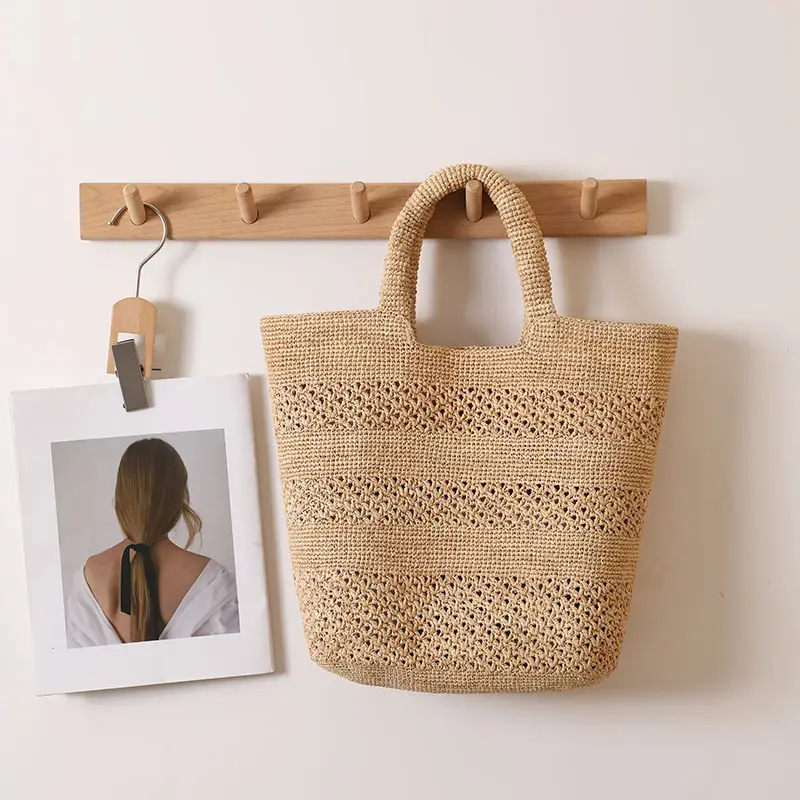 Summer Raffia Beach Bags for Women Bucket Bag Handmade Hollow Woven Bags Handbags and Purses Travel Straw Shoulder Bag Shopper