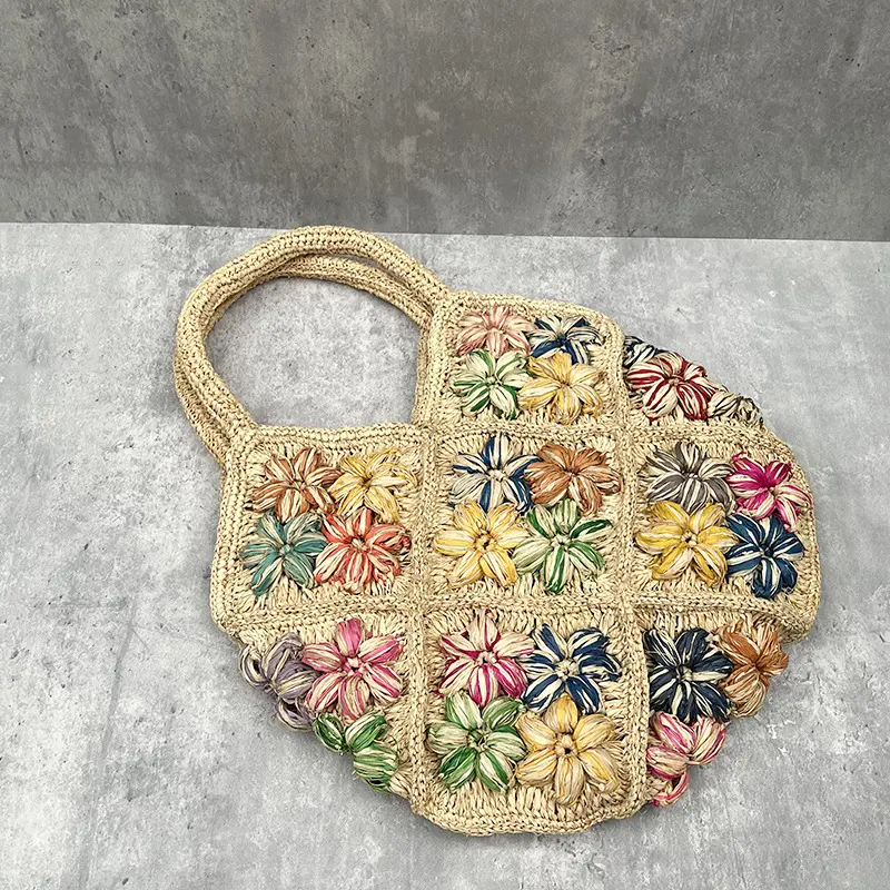 Handmade Crochet Flower Straw Bag Bohemian Raffia Beach Bags for Women Handbag Summer Travel Woven Shoulder Bag Cue Shopper Tote