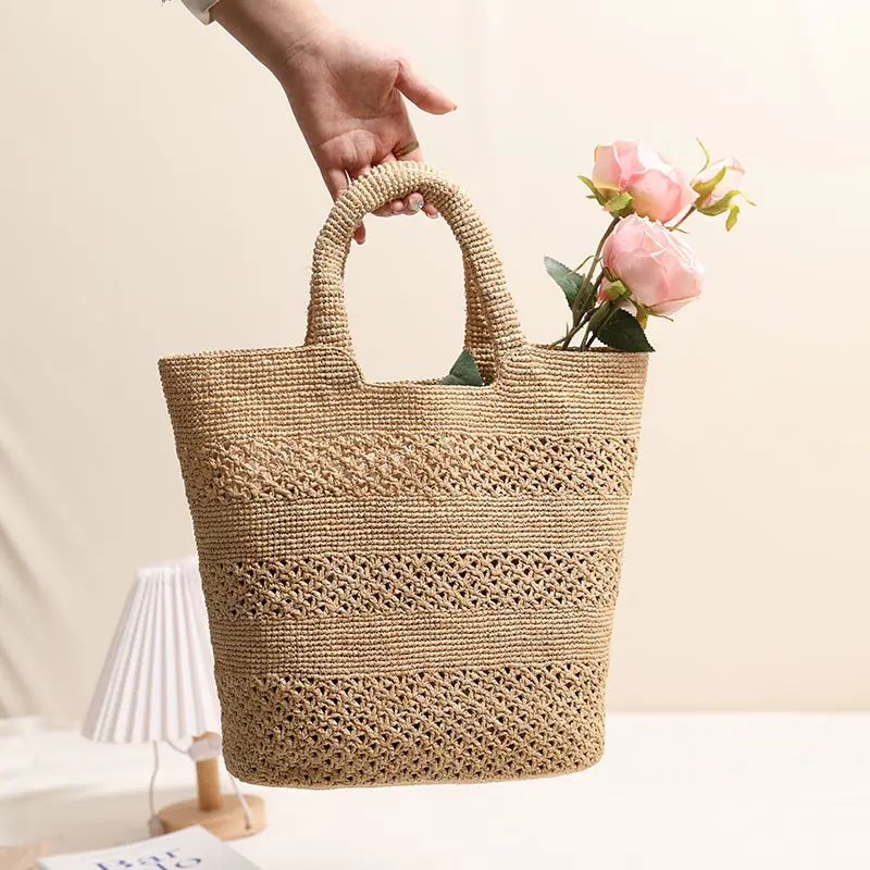 Summer Raffia Beach Bags for Women Bucket Bag Handmade Hollow Woven Bags Handbags and Purses Travel Straw Shoulder Bag Shopper