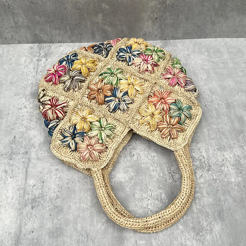 Handmade Crochet Flower Straw Bag Bohemian Raffia Beach Bags for Women Handbag Summer Travel Woven Shoulder Bag Cue Shopper Tote