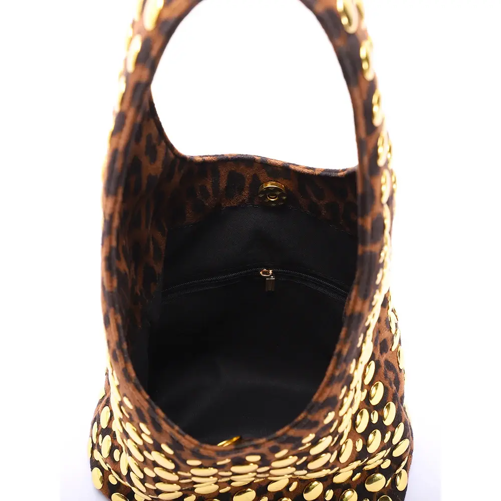 Leopard Rivet Bucket Bags for Women Handbags Luxury Designer Soft Shoulder Bag Punk Studded Shopper Purses Female Clutch Tote