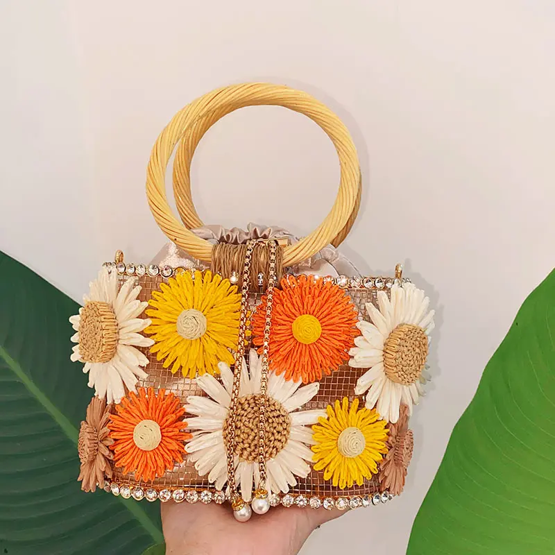 Sunflower Birdcage Women Handbag Metallic Diamond Basket Bags for Women Rattan Round Handle Shoulder Bag Luxury Evening Clutch