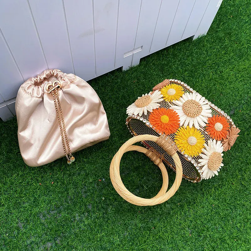 Sunflower Birdcage Women Handbag Metallic Diamond Basket Bags for Women Rattan Round Handle Shoulder Bag Luxury Evening Clutch