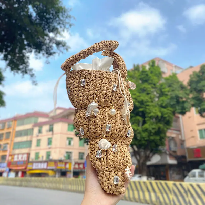Luxury Conch Straw Bag Diamond Shell Beach Bags for Women Handbag Summer Crochet Woven Croissant Bag Handmade Ice Cream Clutch