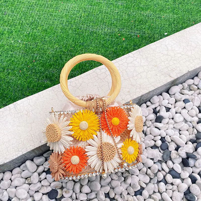 Sunflower Birdcage Women Handbag Metallic Diamond Basket Bags for Women Rattan Round Handle Shoulder Bag Luxury Evening Clutch