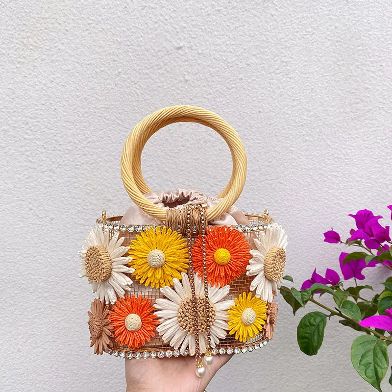 Sunflower Birdcage Women Handbag Metallic Diamond Basket Bags for Women Rattan Round Handle Shoulder Bag Luxury Evening Clutch