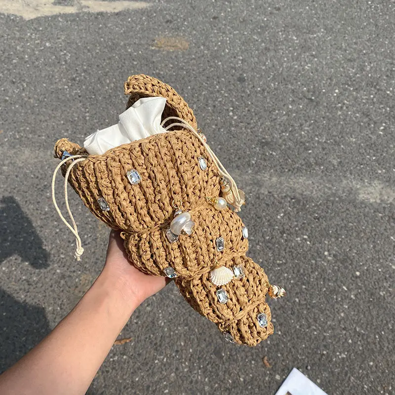 Luxury Conch Straw Bag Diamond Shell Beach Bags for Women Handbag Summer Crochet Woven Croissant Bag Handmade Ice Cream Clutch