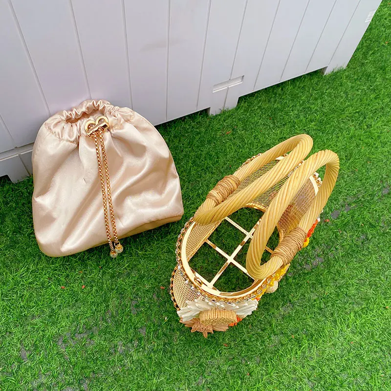 Sunflower Birdcage Women Handbag Metallic Diamond Basket Bags for Women Rattan Round Handle Shoulder Bag Luxury Evening Clutch