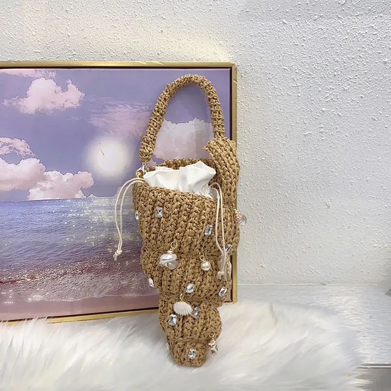 Luxury Conch Straw Bag Diamond Shell Beach Bags for Women Handbag Summer Crochet Woven Croissant Bag Handmade Ice Cream Clutch