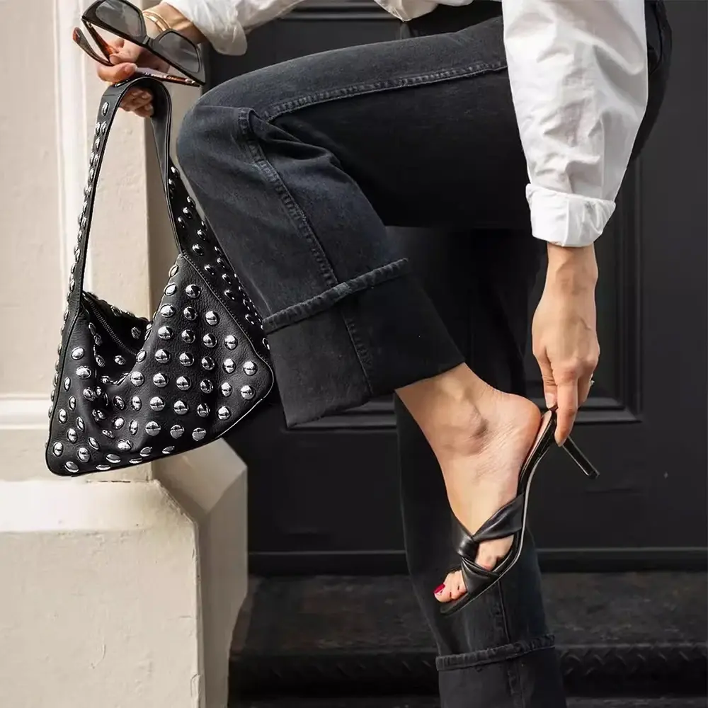 Black Metal Motorcycle Rivet Purses and Handbags European and American Style Shoulder Bag Luxury Designer Armpit Shopper Purses