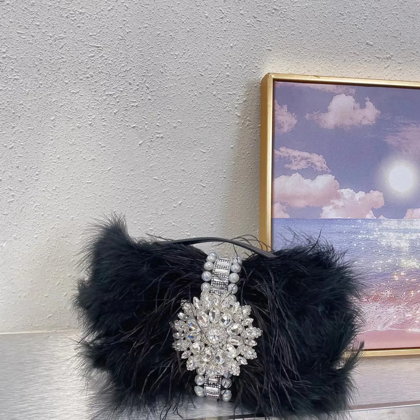 Luxury Feathers Handbags Designer Rhinestone Evening Bags for Women Diamond Shoulder Crossbody Bag Pearl Faux Fur Wedding Purses