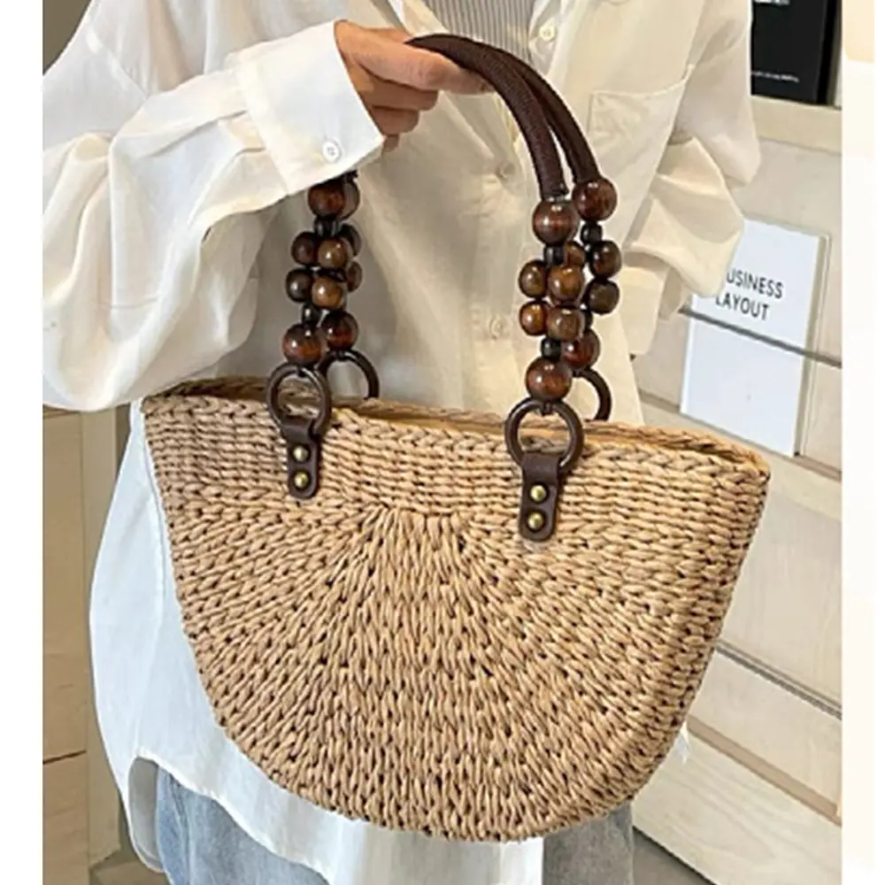 Wooden Beaded Handle Women Handbag Half Moon Beach Bags for Women Bohemian Woven Straw Bag Summer Shoulder Bag Travel Shopper