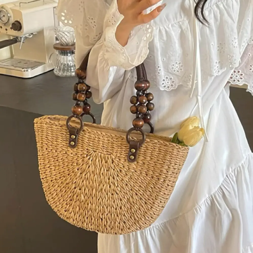 Wooden Beaded Handle Women Handbag Half Moon Beach Bags for Women Bohemian Woven Straw Bag Summer Shoulder Bag Travel Shopper