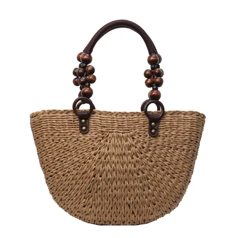 Wooden Beaded Handle Women Handbag Half Moon Beach Bags for Women Bohemian Woven Straw Bag Summer Shoulder Bag Travel Shopper