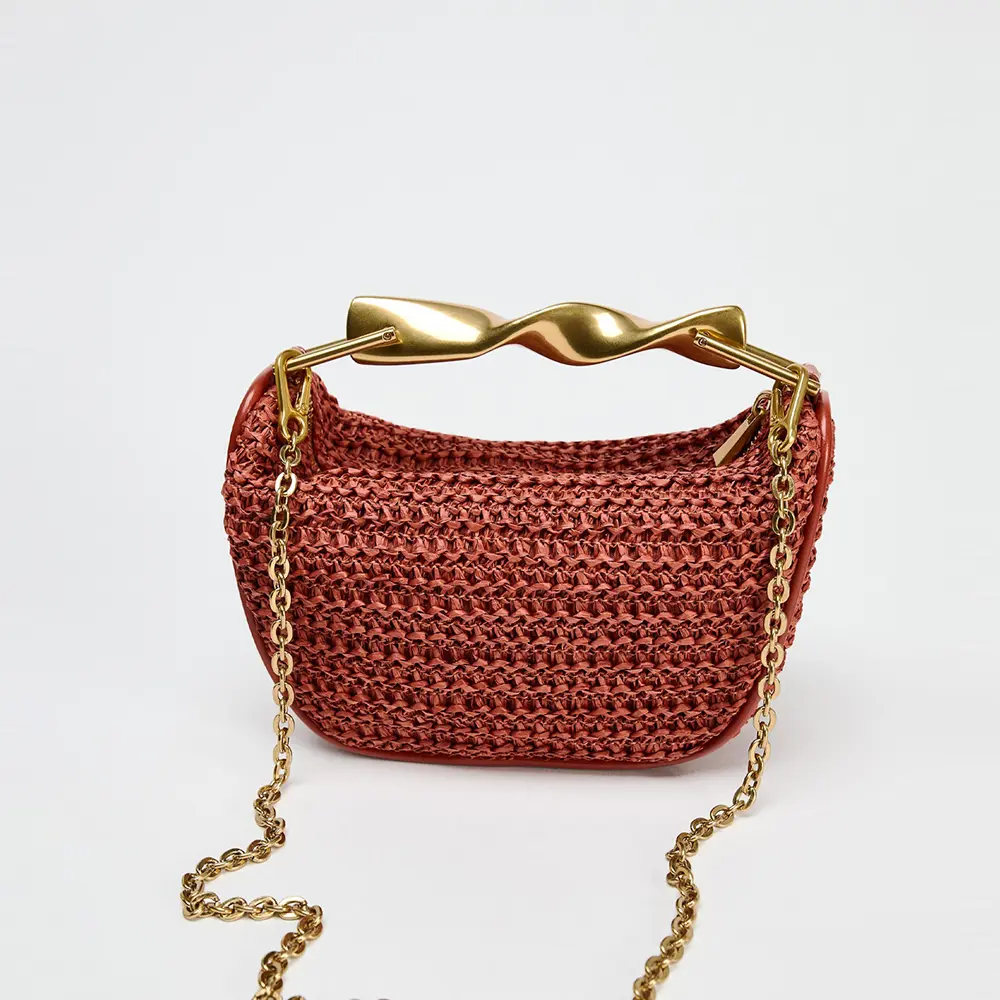 Half Moon Woven Beach Bag Summer Rattan Straw Bags for Women Designer Shoulder Bags Metallic Handle Handbag Clutch Crossbody Bag