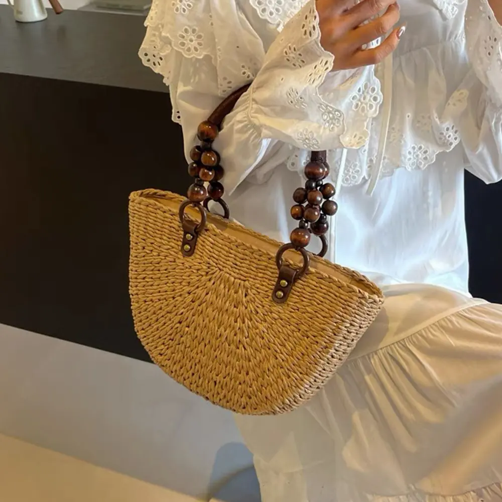 Wooden Beaded Handle Women Handbag Half Moon Beach Bags for Women Bohemian Woven Straw Bag Summer Shoulder Bag Travel Shopper