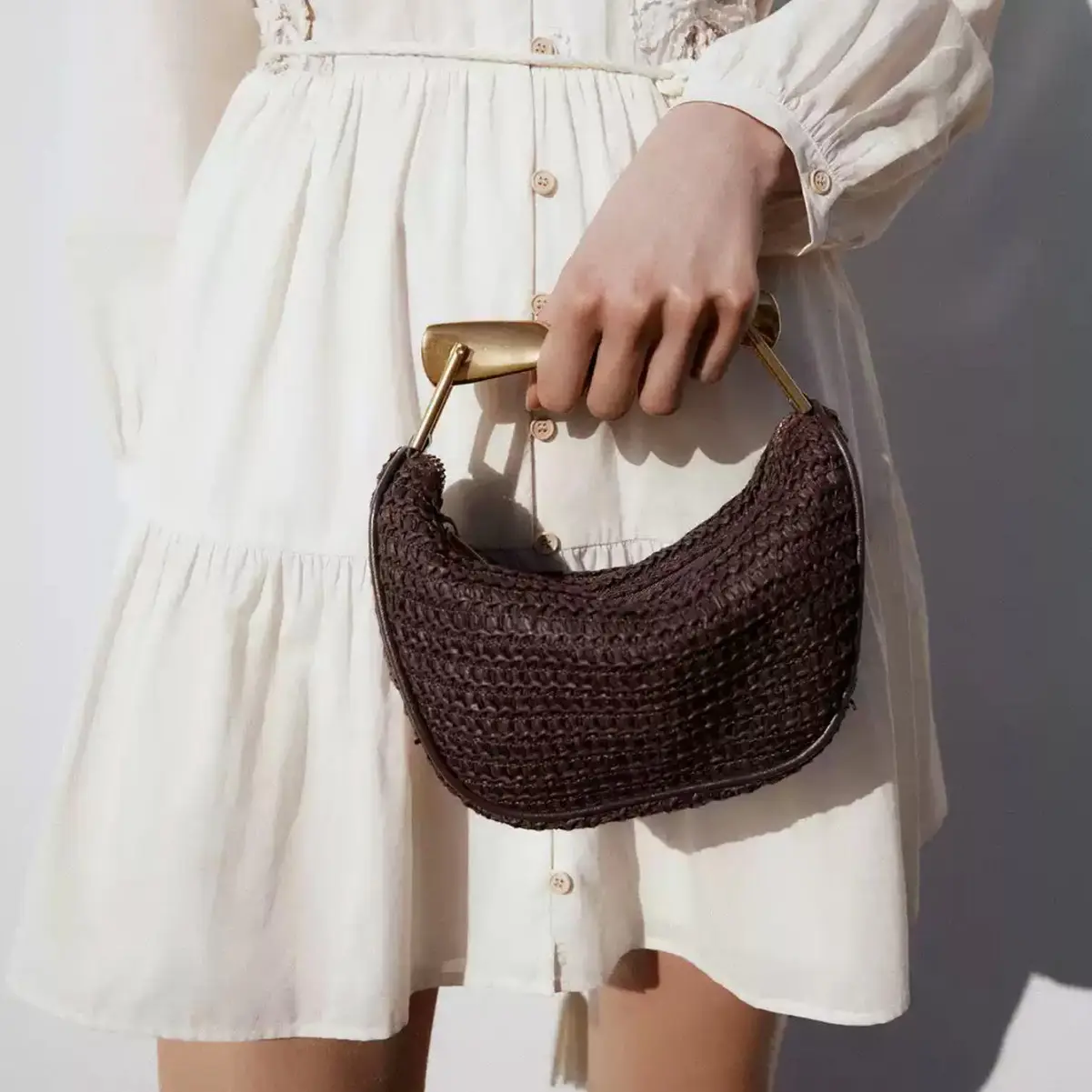 Half Moon Woven Beach Bag Summer Rattan Straw Bags for Women Designer Shoulder Bags Metallic Handle Handbag Clutch Crossbody Bag