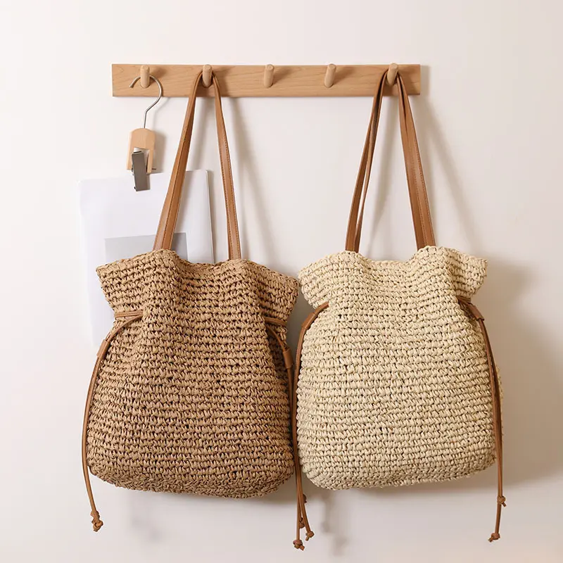 Summer Drawstring Straw Bag Handbag Travel Beach Bags for Women Shoulder Bag Handmade Bali Woven Bucket Bags Shopper Clutch NEW